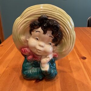 ROYAL COPLEY HEAD VASE VINTAGE BOY GREEN YELLOW LARGE MEXICAN SOMBRERO GIRL?